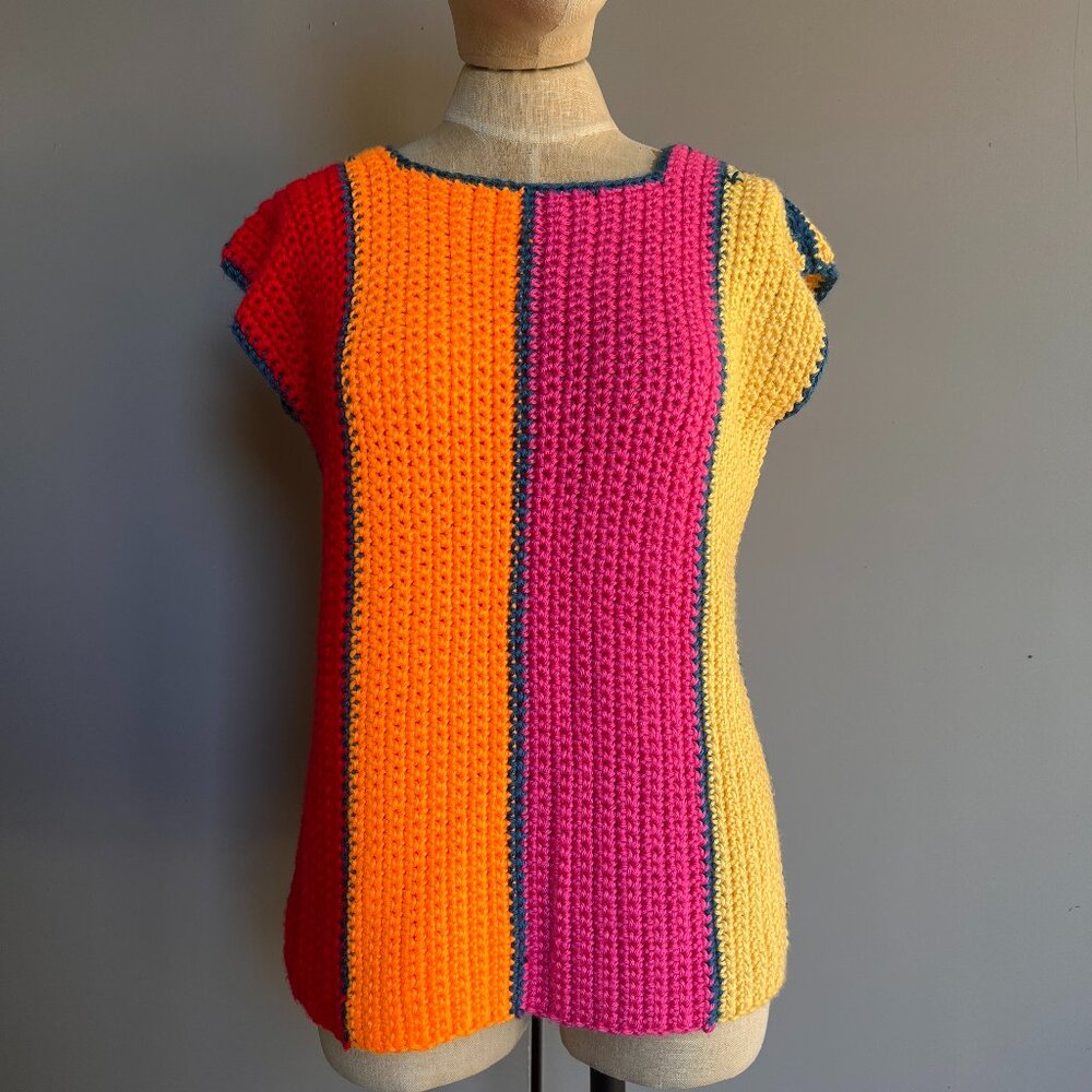 Vintage Handmade Crocheted Rainbow Tunic Cap Sleeve Sweater